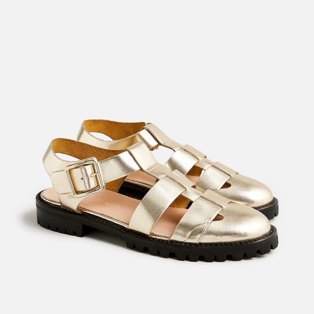 J Crew Fisherman lug-sole sandals in metallic leather